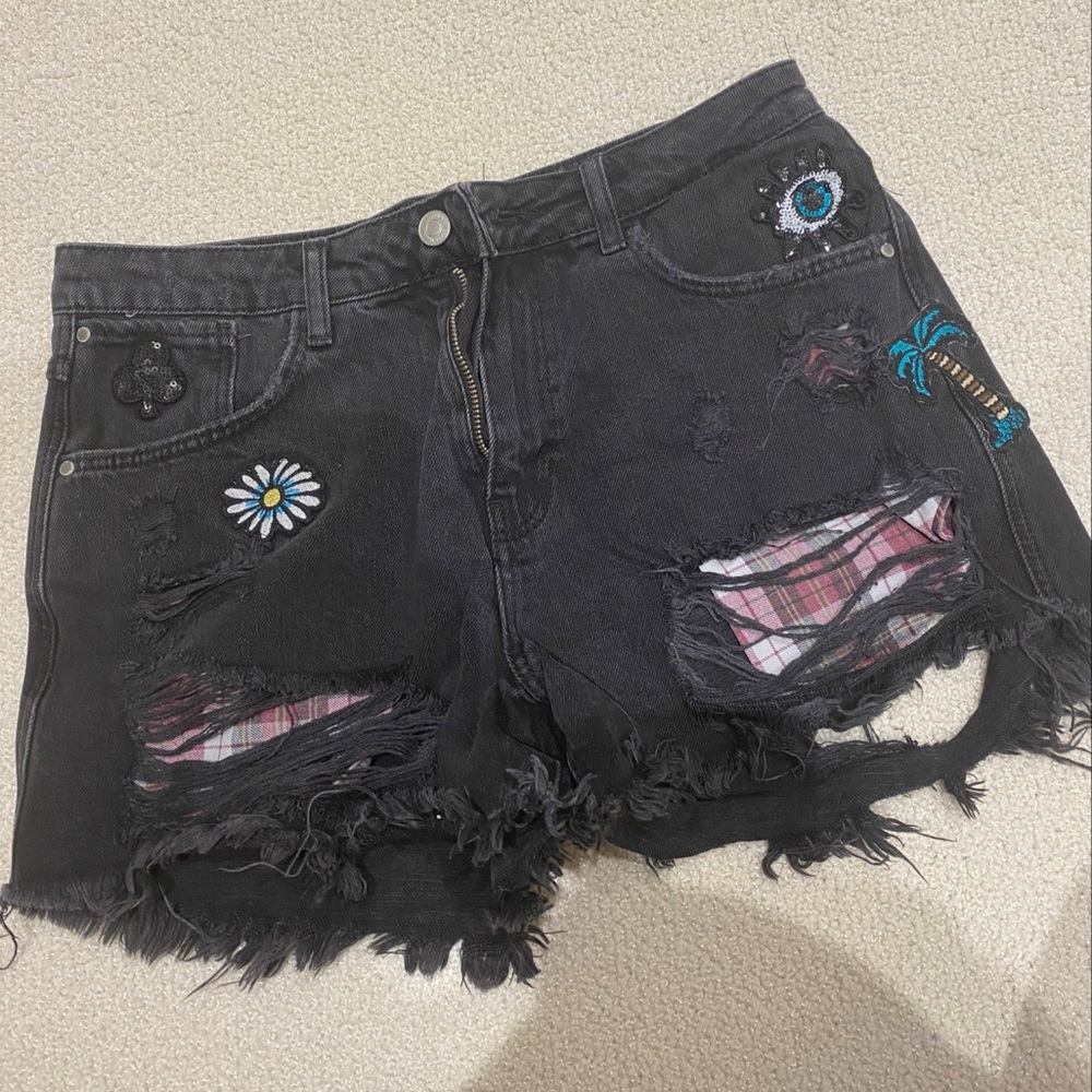 Zara Patchwork Black Denim Cut off Shorts